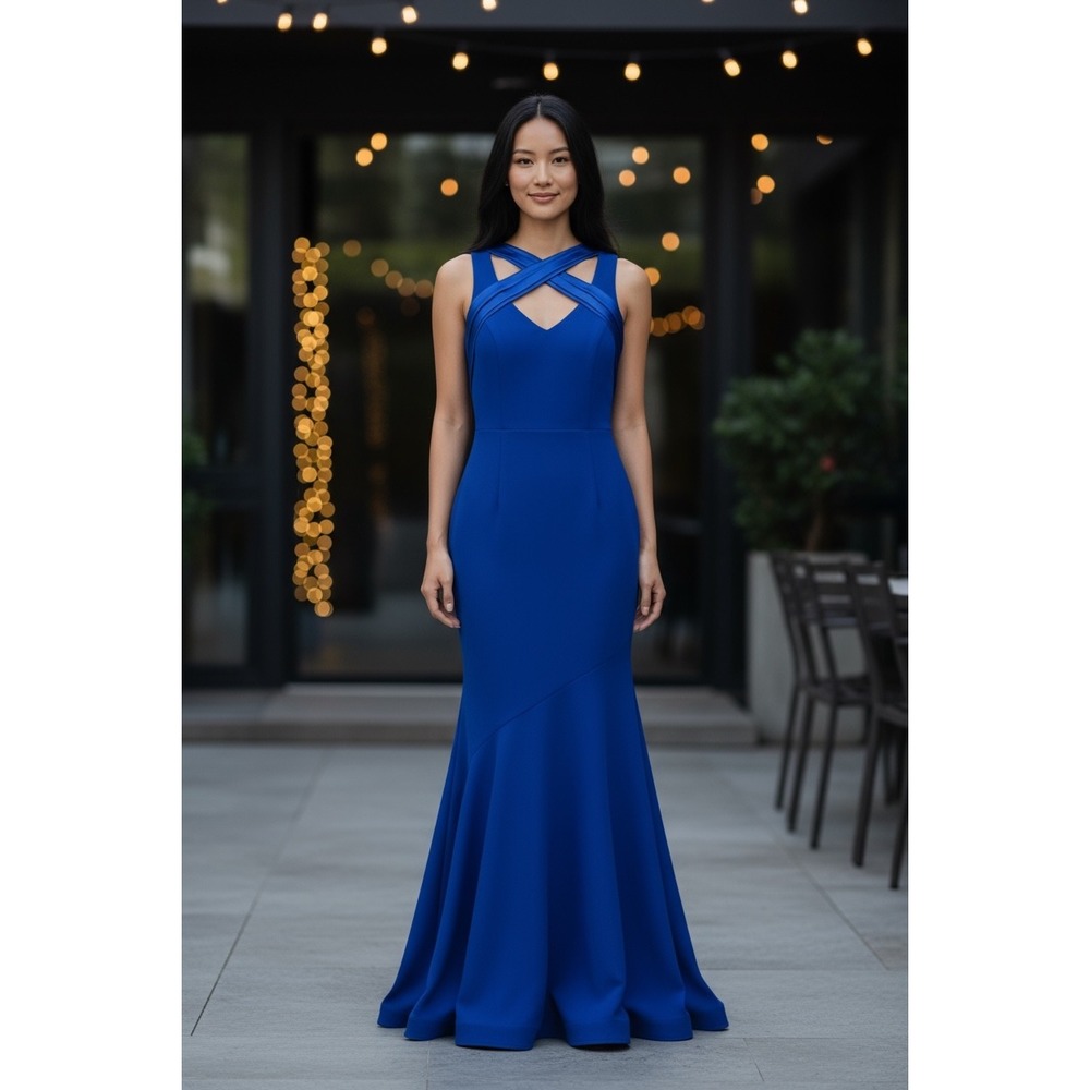 Theia Cobalt Smooth Mermaid Sleeveless Crepe Gown w/ Satin Crisscross Size 8